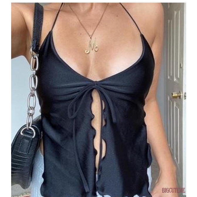 [] - Áo Crop Top Hai Dây Màu Trơn Buộc Dây Trước Ngực Hở Lưng Ôm Dáng Mùa Hè Màu Hồng / Đen Cho Nữ