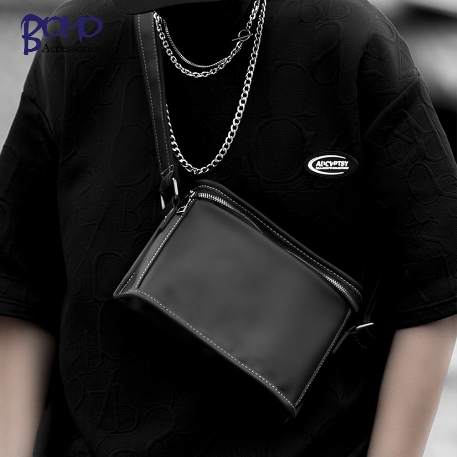 Túi đeo chéo đeo vai nam dạng hộp vuông ngăn siêu rộng da pu đen trơn kẻ caro cao cấp chống nước thời trang BOMO