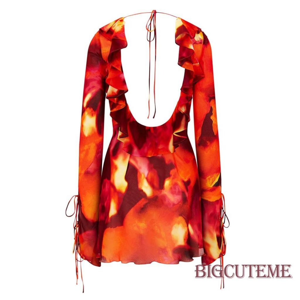 Đầm Mini Tay Dài Cổ Chữ V Họa Tiết Màu Nhuộm Phối Bèo Thời Trang Cho Nữ