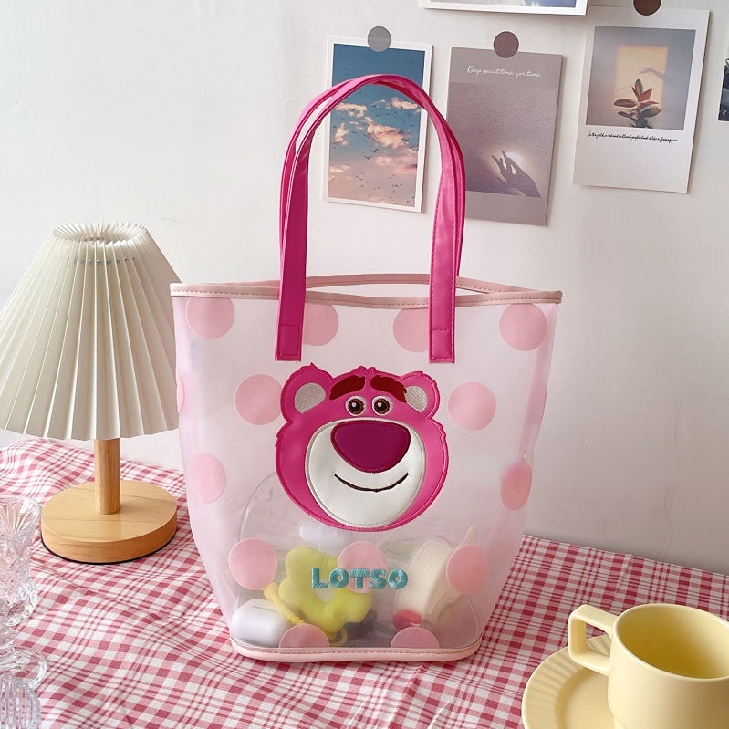 Túi Xách Đeo Vai Sức Chứa Lớn Họa Tiết Gấu Và Dâu Tây Dễ Thương