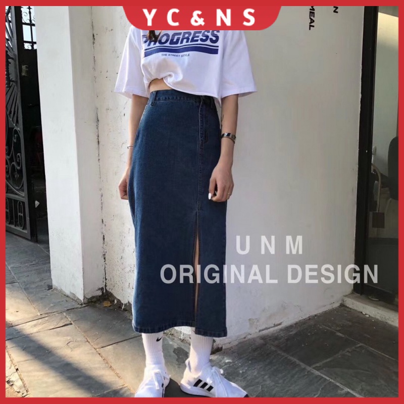 Chân Váy Denim Chữ A Dáng Dài Lưng Cao Xẻ Tà Xinh Xắn Phong Cách Hàn Quốc