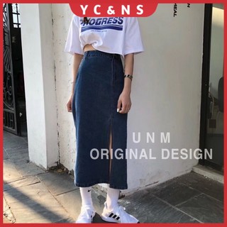 Chân Váy Denim Chữ A Dáng Dài Lưng Cao Xẻ Tà Xinh Xắn Phong Cách Hàn Quốc