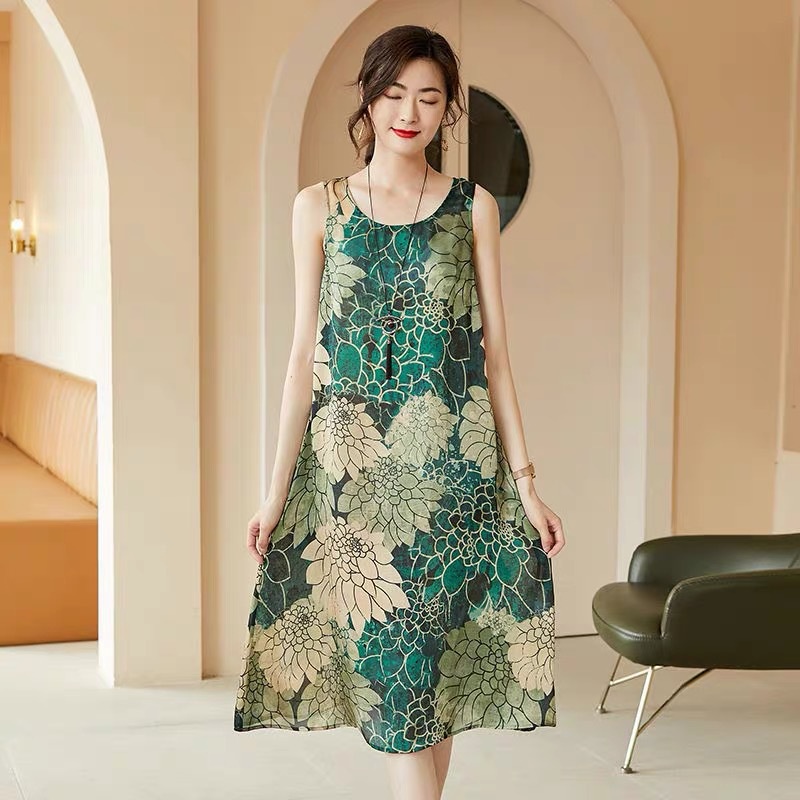 Váy liền phong cách dịu dàng cỡ lớn che bụng tôn dáng gầy không tay váy xòe rộng