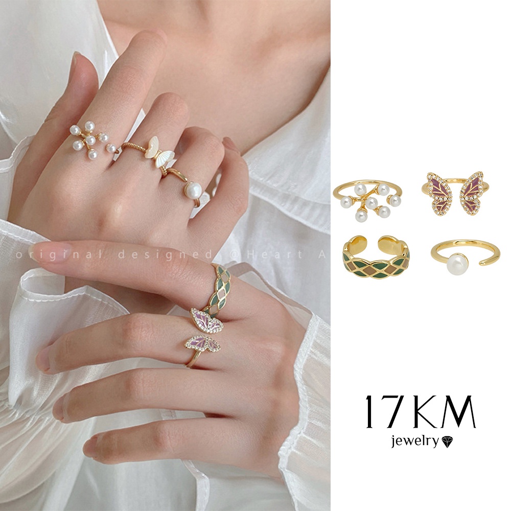 Nhẫn 17KM dạng hở mạ vàng đính ngọc trai bươm bướm rỗng nhỏ giọt dầu thanh lịch dành cho nữ