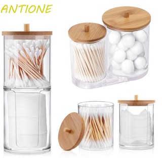 Giá Đỡ Hộp Đựng Tăm Bông / Bông Tẩy Trang Bằng Gỗ Tre + Nắp Đậy Đa Năng Tiện Dụng Cho Nhà Tắm