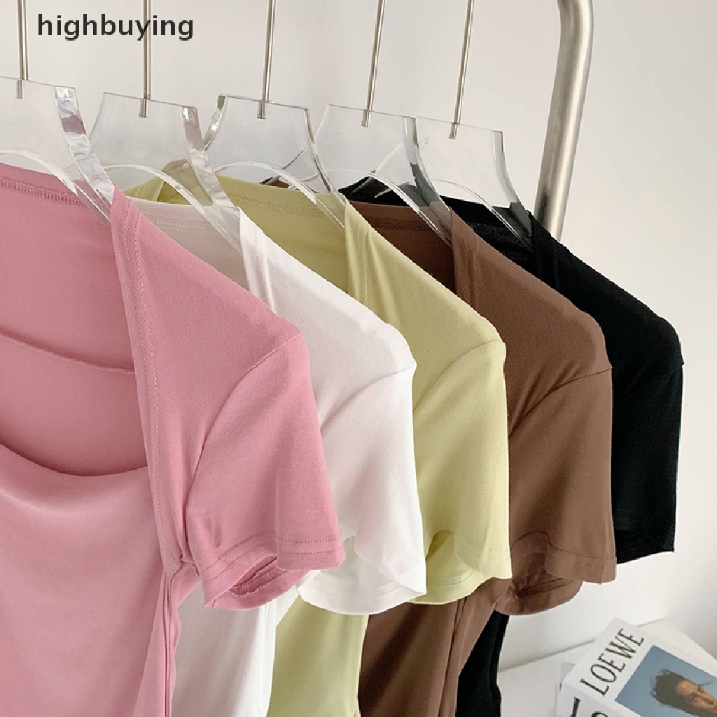 Áo Thun Tay Ngắn Cổ Vuông Màu Sắc Đơn Giản Cho Nữ