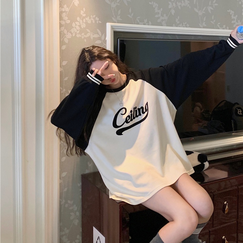 IELGY  Áo sweater Tay raglan In Chữ Phong Cách retro Mỹ Cho Nữ
