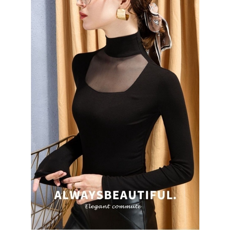 Áo Thun Tay Dài Cổ Cao Dáng Ôm Thời Trang Xuân Thu Cho Nữ