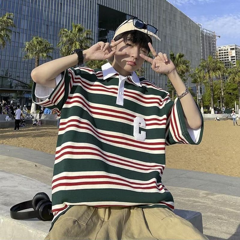 Áo polo Tay Ngắn Dáng Rộng Họa Tiết Kẻ Sọc Thêu Chữ Thời Trang Mùa Hè 2023 Mới Cho Nam