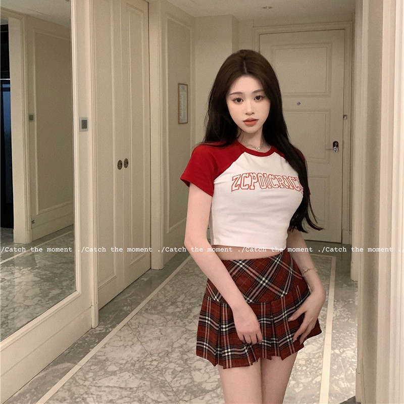 Set Áo Thun Ngắn Tay Màu Sắc + Chân Váy Lưng Cao Xếp Ly Sọc Ca Rô Thời Trang Trẻ Trung