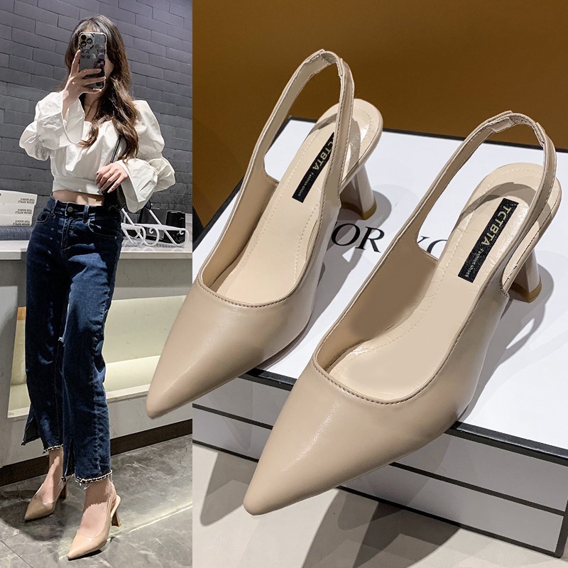 Giày Cao Gót Mũi Nhọn Gót Thấp Hở Ngón Thời Trang Xuân Hè Mới Cho Nữ