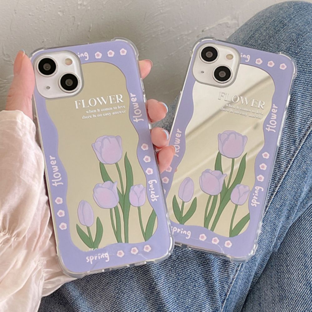 Ốp Điện Thoại TPU Dẻo Gắn Gương Hình Hoa Tulip Tím Thời Trang Cho IPhone 14 13 12 11 Pro Max XS XR 8 7 Plus