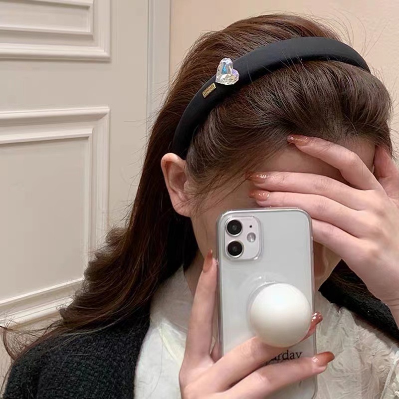 Băng Đô Cài Tóc Bản Rộng Đính Đá Hình Trái Tim Màu Đen Thời Trang Xuân Hè Cho Nữ