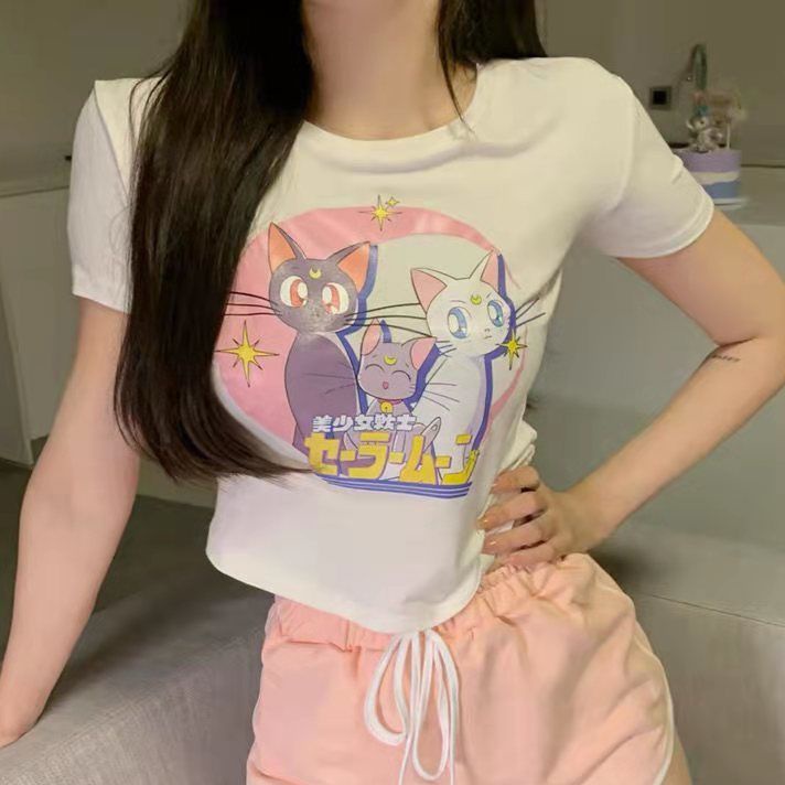 Ins Amoi hot girl Hyuna phong cách hoạt hình in cô gái xinh đẹp ngắn tay áo thun nữ ôm sát rốn gợi cảm