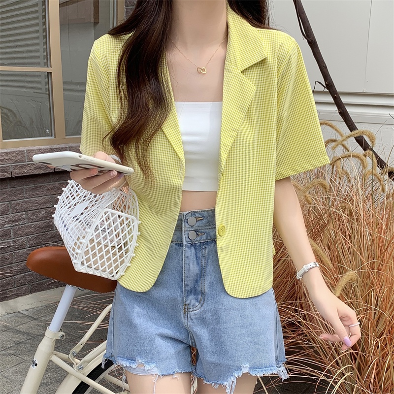 Áo Vest Ngắn Họa Tiết Sọc Caro Phong Cách Hàn Quốc Thời Trang Mùa Hè Cho Nữ