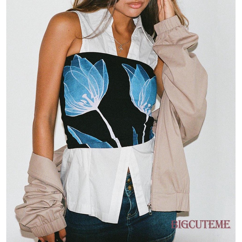 [] Áo Ống Mini Không Tay Hở Lưng In Hình Hoa Sen / Đôi Mắt Thời Trang Mùa Hè Dành Cho Nữ