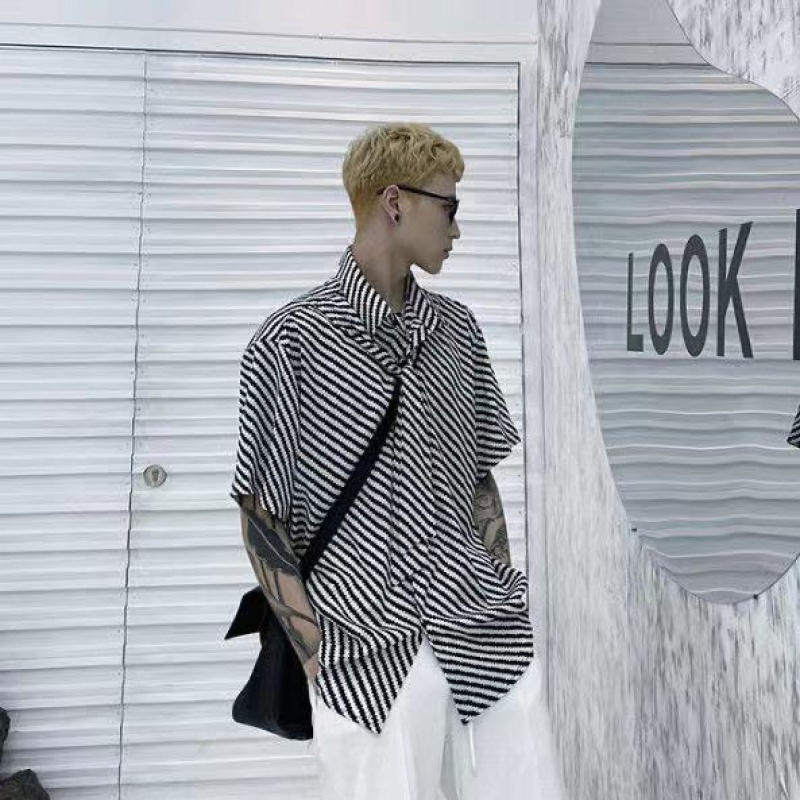 Áo Sơ Mi Tay Ngắn Dáng Rộng Họa Tiết Kẻ Sọc Phong Cách Harajuku Thời Trang Mùa Hè Cho Nam