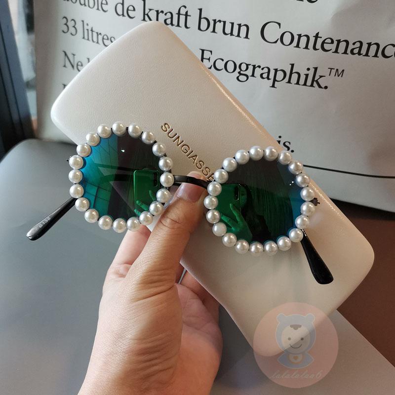 Kính Chống Nắng LAA6-Boys Tròng Tròn Đính Ngọc Trai Chống Tia Cực Tím Phong Cách Retro Cho Nữ