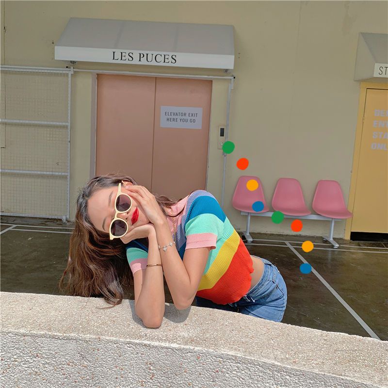 Áo Thun Crop Top Tay Ngắn Họa Tiết Kẻ Sọc Cầu Vồng Phong Cách Hàn Quốc Cổ Điển Thời Trang Xuân Hè 2023 Dành Cho Bạn Nữ