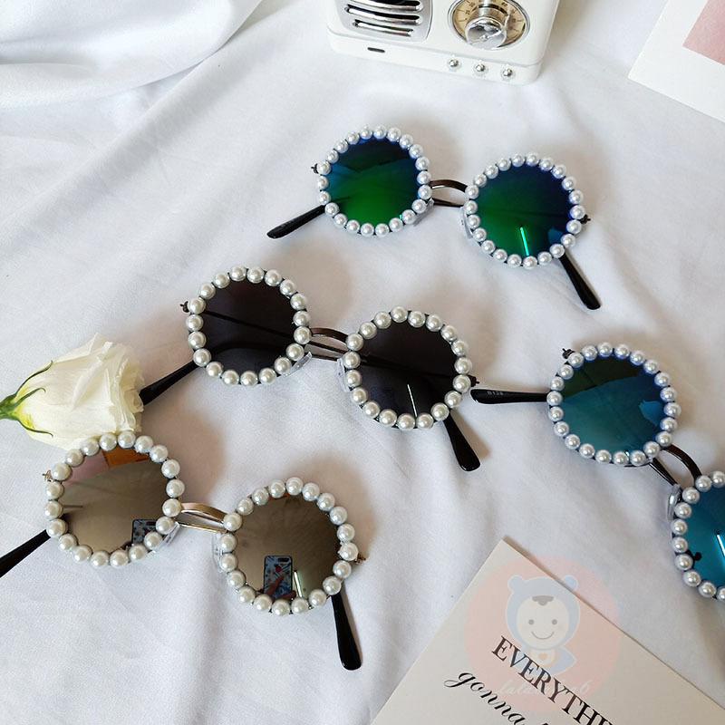 Kính Chống Nắng LAA6-Boys Tròng Tròn Đính Ngọc Trai Chống Tia Cực Tím Phong Cách Retro Cho Nữ