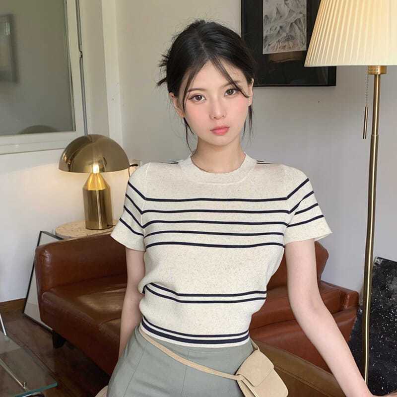 Áo Dệt Kim Cổ Tròn Kẻ Sọc Thời Trang Pháp Cho Nữ