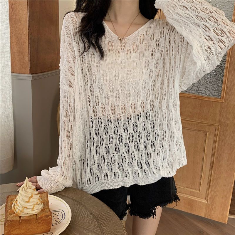 Áo Kiểu Tay Dài Cổ Chữ V Thiết Kế Khoét Lỗ Lưới Mỏng Chống Nắng Thời Trang Mới Cho Nữ