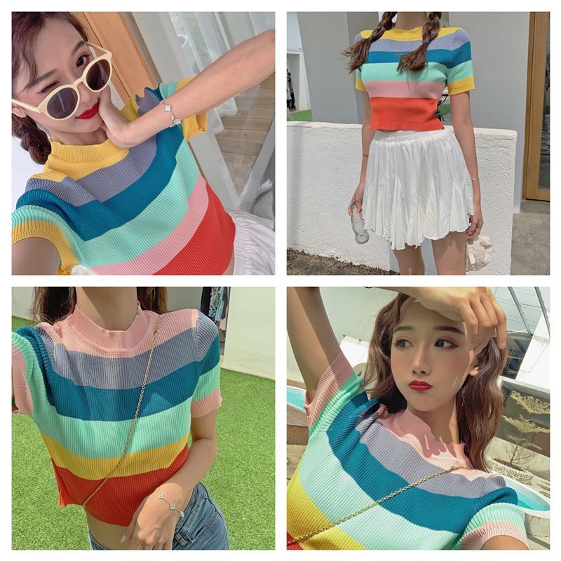 Áo Thun Crop Top Tay Ngắn Họa Tiết Kẻ Sọc Cầu Vồng Phong Cách Hàn Quốc Cổ Điển Thời Trang Xuân Hè 2023 Dành Cho Bạn Nữ