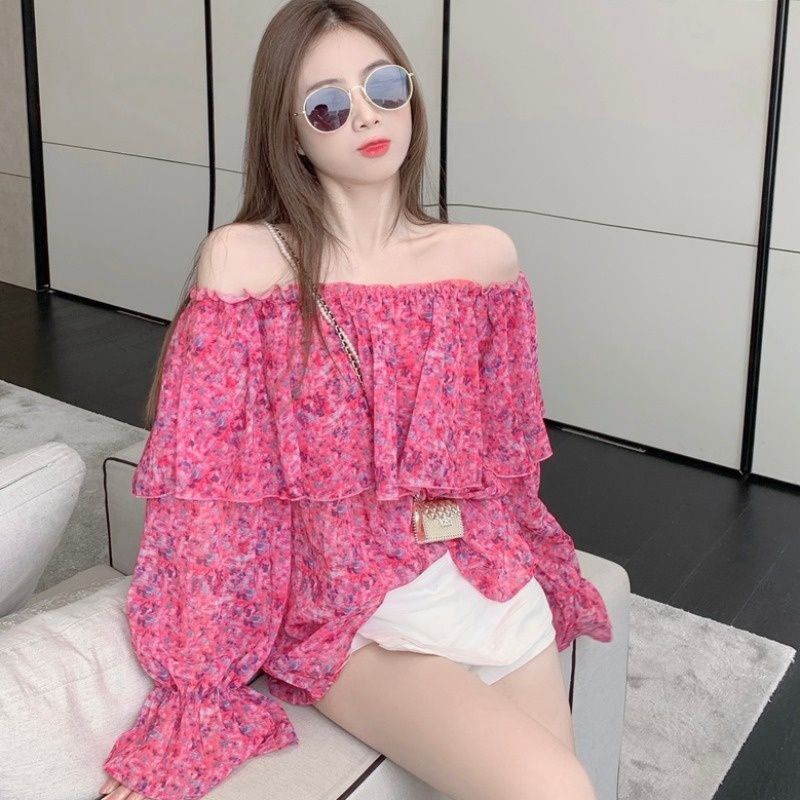 Áo kiểu trễ áo trễ vai Off Shoulder Áo Sơ Mi Chiffon Floral Tay Loe Trễ Vai Dáng Rộng In Hoa Thời Trang Mùa Hè Cho Nữ