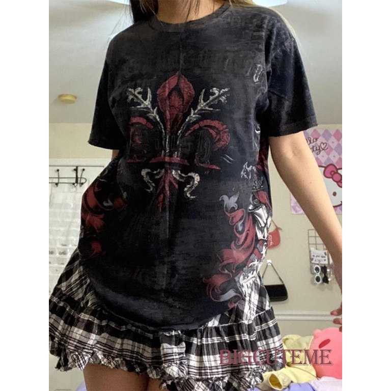 Áo Thun Tay Ngắn Dáng Rộng In Hình Đầu Lâu Phong Cách Gothic Thời Trang Mùa Hè Cho Nữ