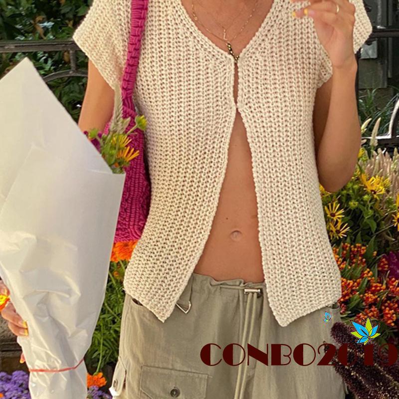 Áo Crop Top Dệt Kim Tay Ngắn Một Hàng Nút Màu Trơn Thời Trang Mùa Hè Cho Nữ