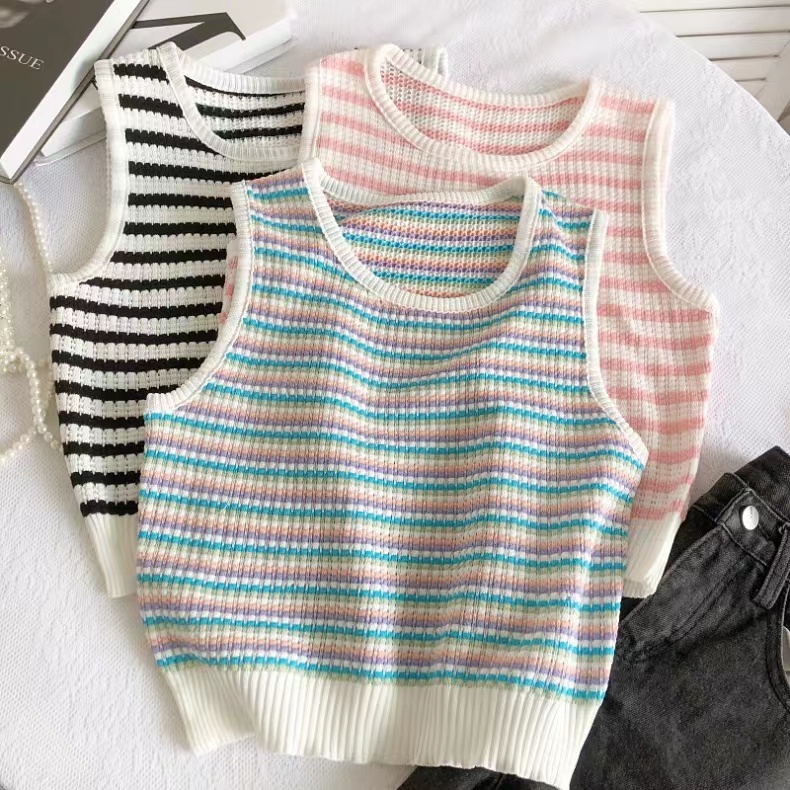 C & M Áo Tank Top Dệt Kim Không Tay Cổ Tròn Dáng Rộng Họa Tiết Kẻ Sọc Màu Sắc Thời Trang Mù