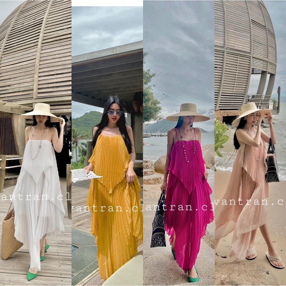 Đầm váy maxi suông 🔥voan dập ly🔥 2 dây hở lưng nude vàng trắng, đi biển dự tiệc dạo phố bigsize gợi cảm sexy