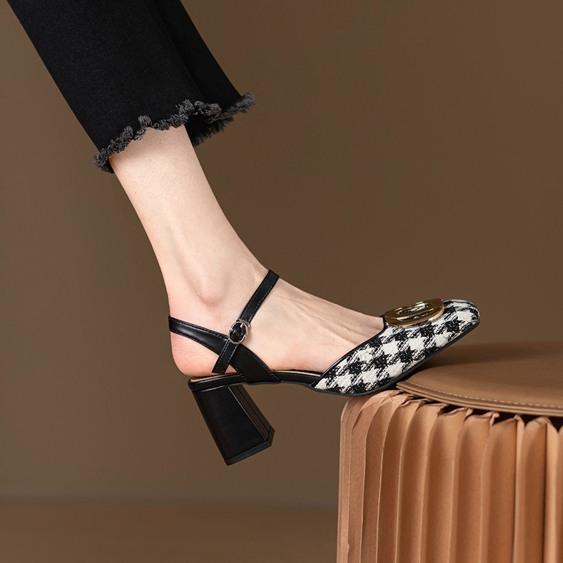 Giày Sandal Cao Gót Mũi Vuông Họa Tiết Ca Rô Thời Trang Dành Cho Nữ / Size 34-40