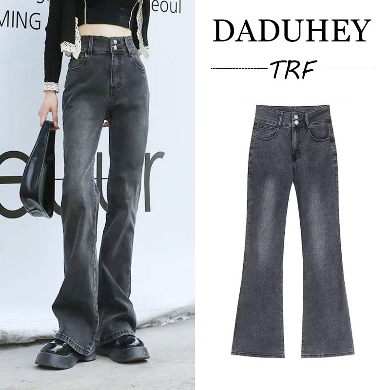 DaDuHey💕 2023 New Korean Version of Ulzzang Retro Washed Jeans High Waist Niche Black Gray Elastic Trousers