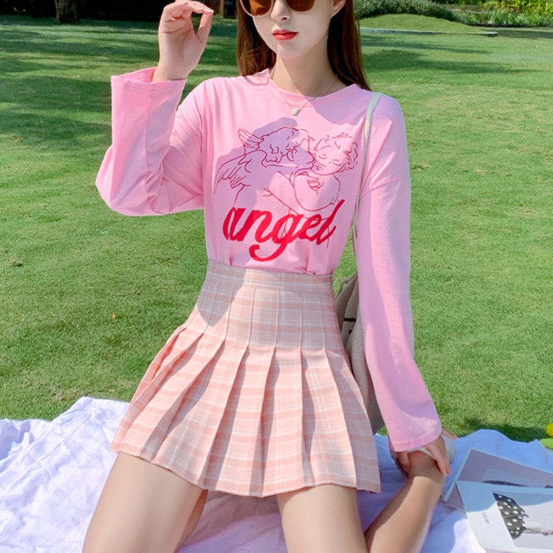 IELGY  Quần Váy Lưng Cao Chống Trượt Họa Tiết Sọc Caro Thời Trang Cho Nữ