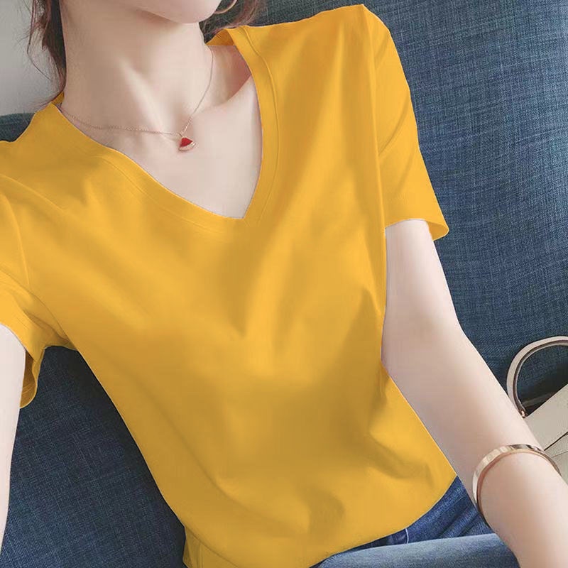 Plus Áo Thun 100% Cotton Tay Ngắn Dáng Rộng Cổ Chữ V Màu Trơn Phong Cách Trung Hoa Thời Trang Xuân Hè Cho Nữ