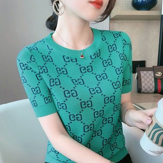 Áo Thun Dệt Kim Tay Ngắn Vải Lụa Lạnh Mỏng Thời Trang Mùa Hè Cho Nữ