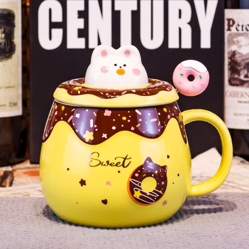 Cốc Sứ Hình Bánh Donut Nắp 3D Thỏ Dễ Thương Có Thìa Khuấy Cute 400ml - Quà Tặng Trẻ Em Bạn Gái