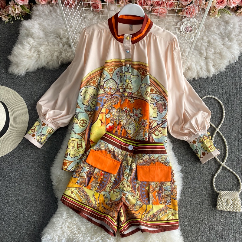 Bộ Áo Sơ Mi Tay Dài Phồng In Họa Tiết Vintage + Quần Short Lưng Cao Ống Rộng Thời Trang Mùa Hè 2023 Cho Nữ