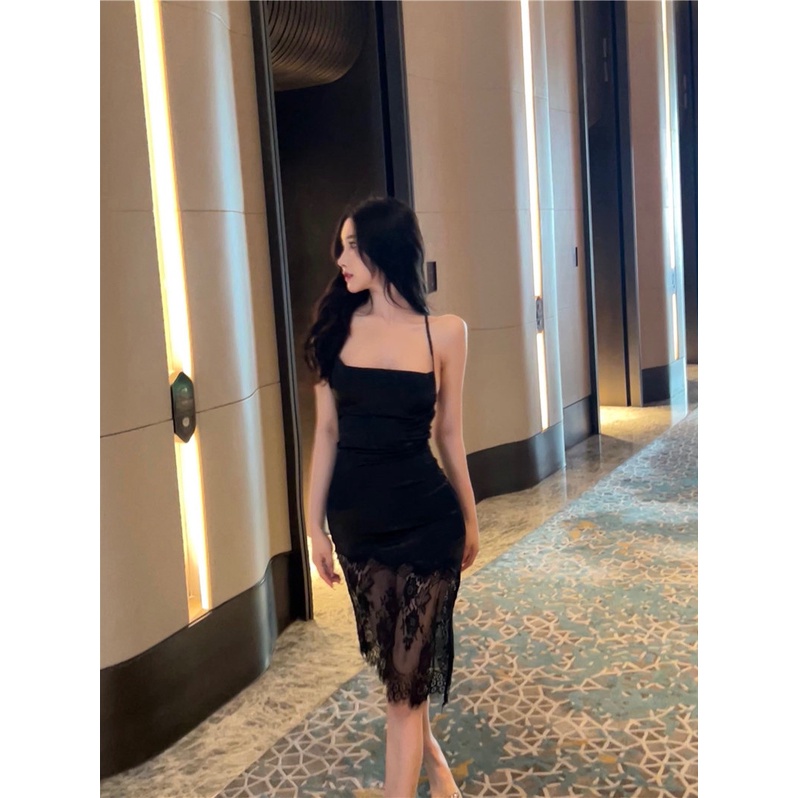 COZOK Đầm Hai Dây Ngắn Vải Satin Phối Ren Màu Đen Quyến Rũ