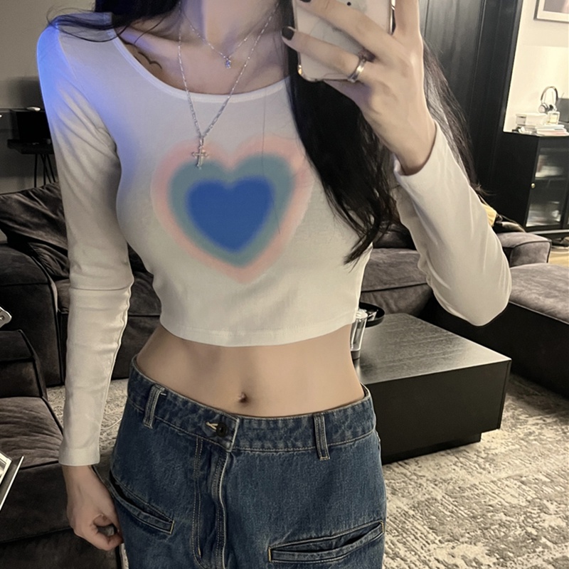 IELGY  Áo Thun Lửng Tay Dài In Hình Trái Tim Thời Trang Dành Cho Nữ