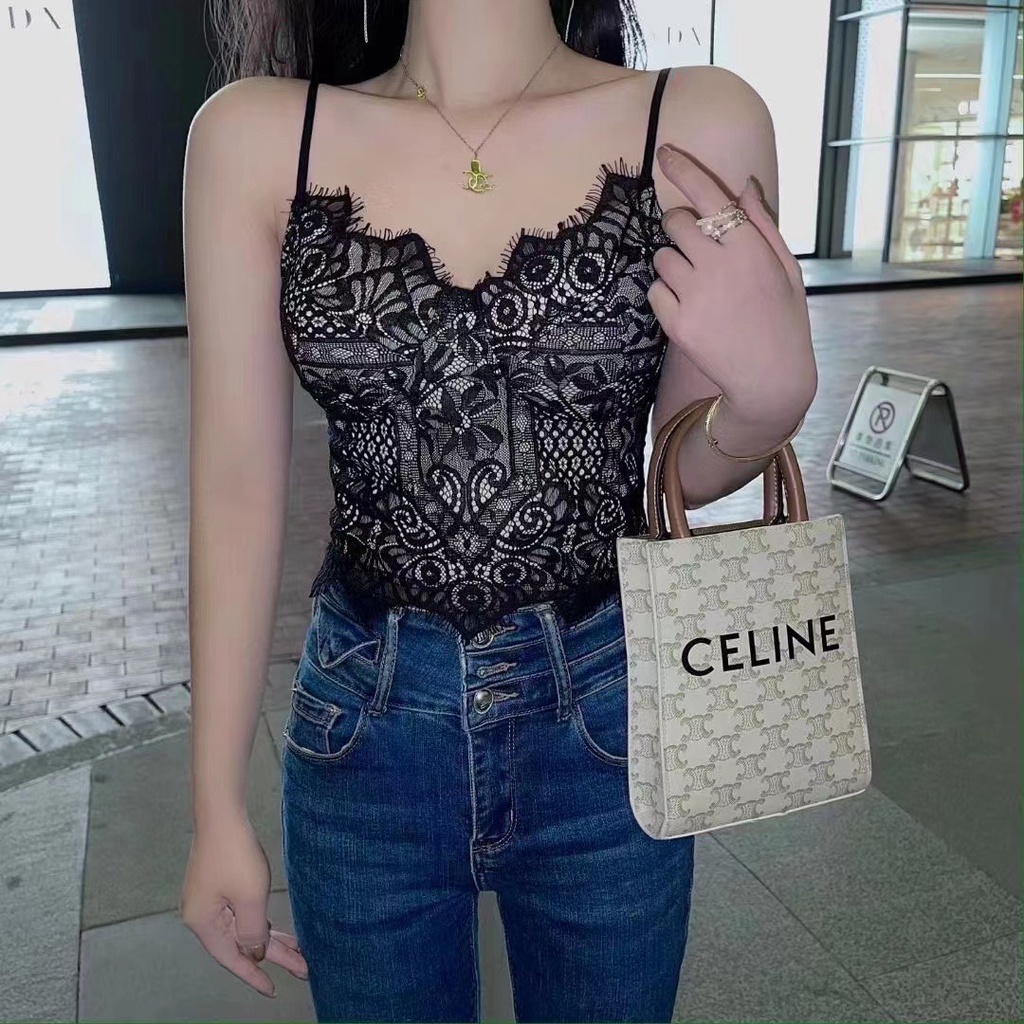 Áo Hai Dây Cúp Ngực Bằng Da Phối Ren Ôm Ngực Phong Cách Pháp Thanh Lịch Gợi Cảm