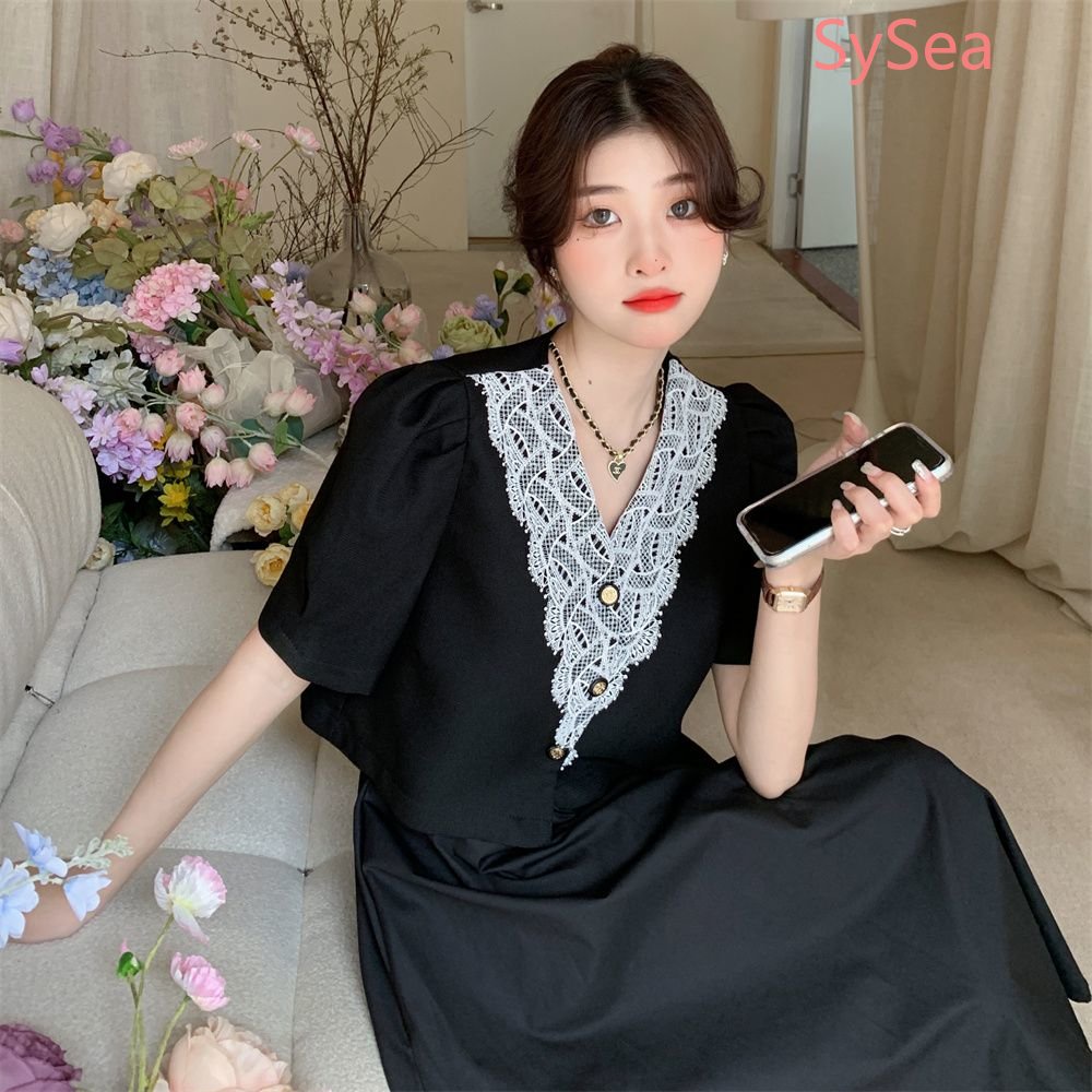 Áo Kiểu Tay Phồng Ngắn Cổ Chữ V Phối Ren Thời Trang Trẻ Trung Cho Nữ