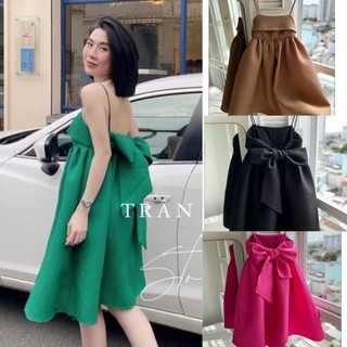 [Ảnh thật] Đầm Xòe 2 Dây Chất Xốp Phối Nơ Lưng ST8443