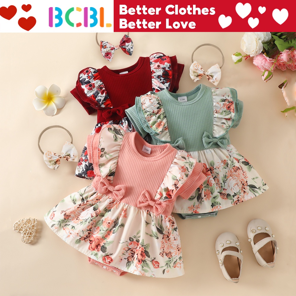 Bộ đầm jumpsuit BCBL nhún bèo in họa tiết hoa kèm băng đô thời trang xinh xắn cho bé gái