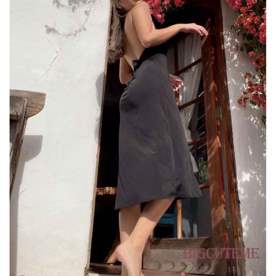 Đầm Midi Hai Dây Cổ Chữ V Màu Đen Thời Trang Mùa Hè Cho Nữ