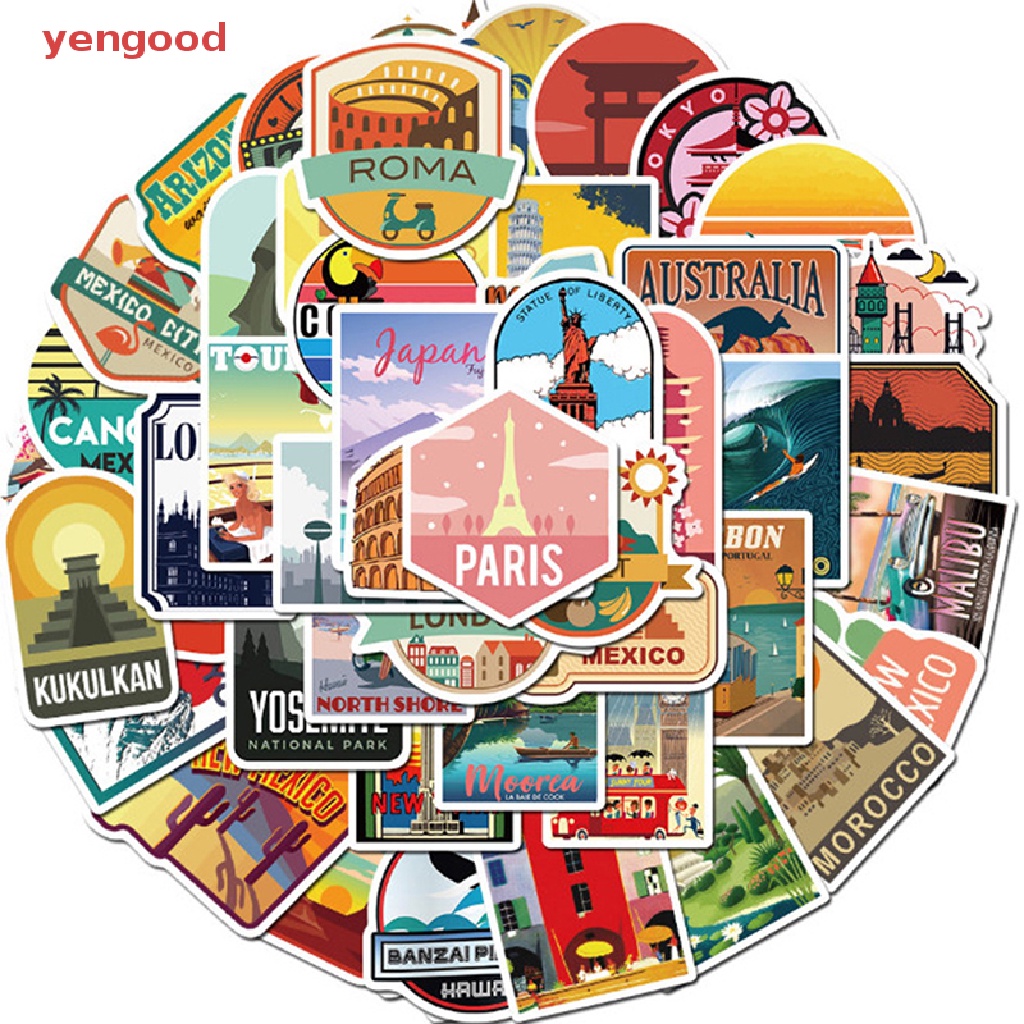 Set 50 Miếng Dán Vali Du Lịch Chống Thấm Nước Họa Tiết Hoạt Hình Graffiti Độc Đáo