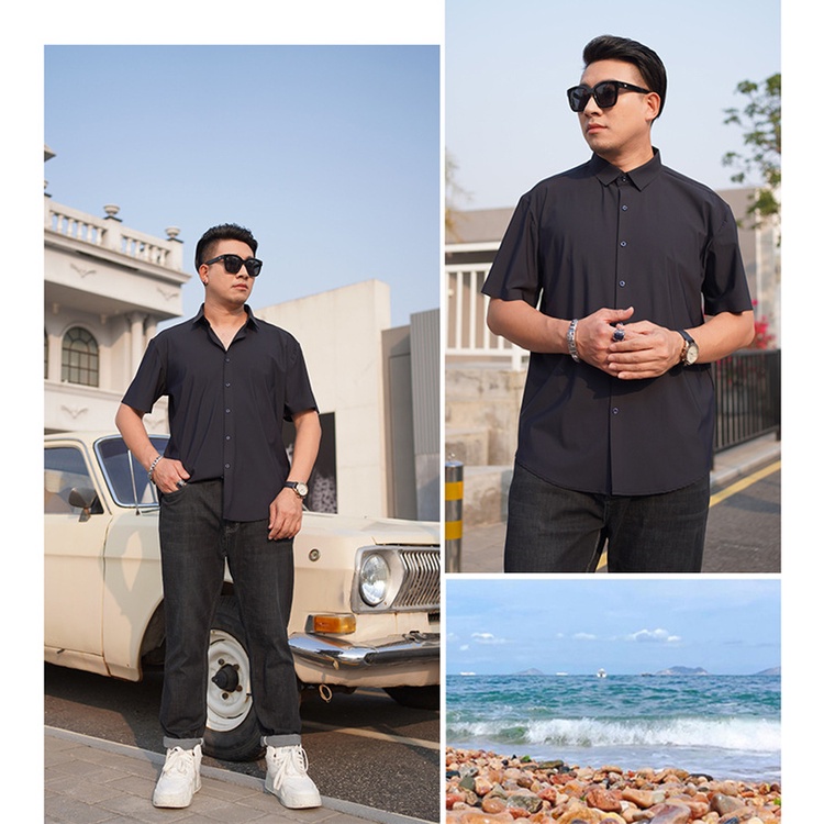 Áo Sơ Mi Tay Ngắn Oversize Bằng Lụa Lạnh Không Đường May Co Giãn Không Lộ Viền Dành Cho Nam