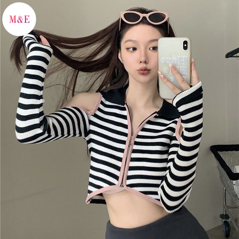 M &amp; E Hot Girl Áo Khoác Cardigan Dệt Kim Trễ Vai Tay Dài Cổ Bẻ Ôm Dáng Phong Cách Mùa Thu Mới Cho Nữ