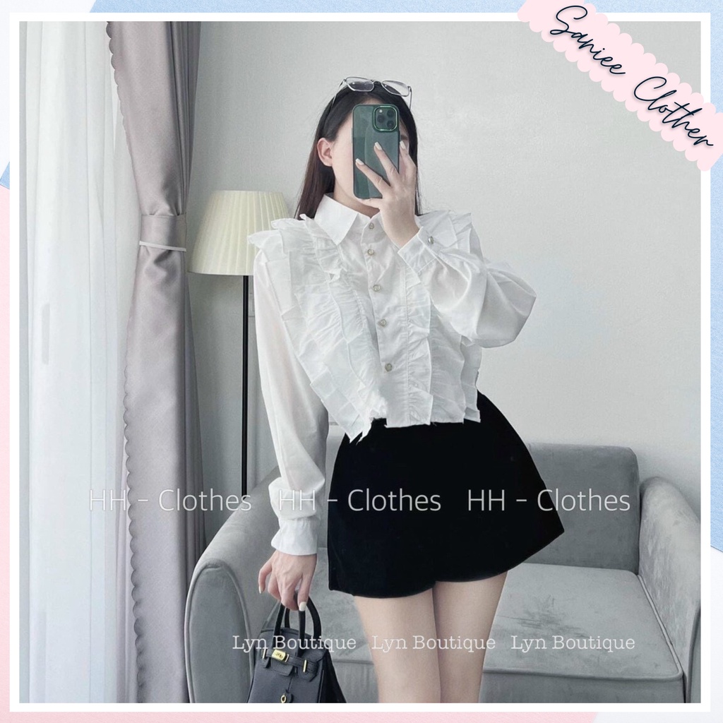 Áo sơ mi tay dài dáng ngắn áo sơmi bèo ngực dáng lửng khuy ngọc siêu xinh SanieeClothes